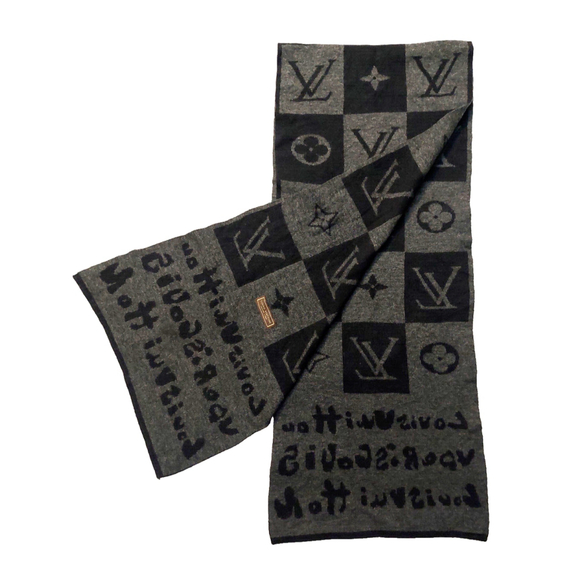 Louis Vuitton LV Gray & Black Monogram Damier Logomania Scarf Pre-Owned - Picture 4 of 14